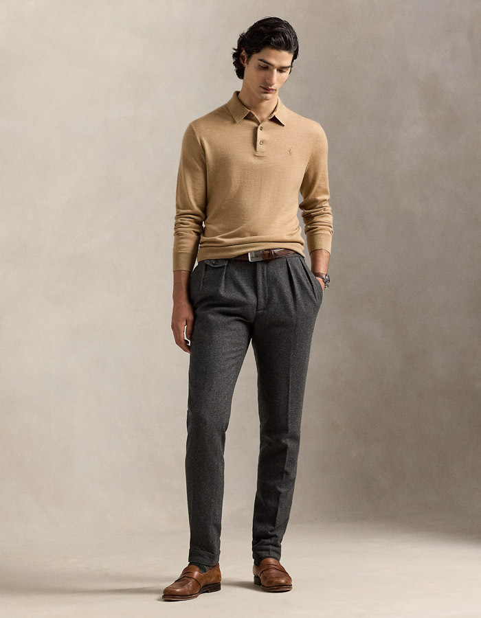 Regular Fit Polo-Collar Sweater in Camel Melange – Wasbare Italiaanse Wol