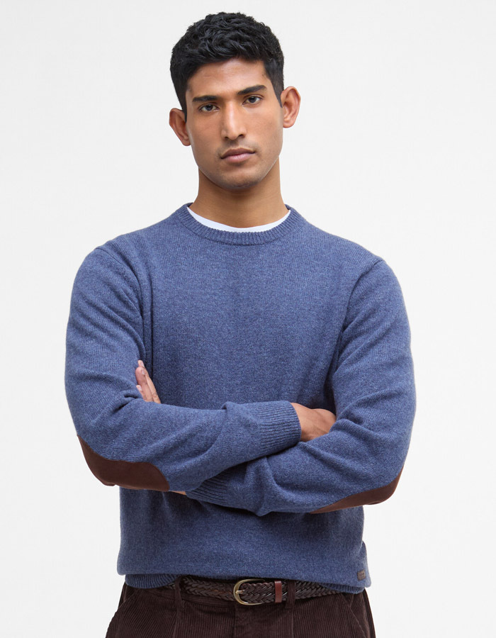 Regular Fit Crewneck Sweater in Blauw met Elleboogstukken