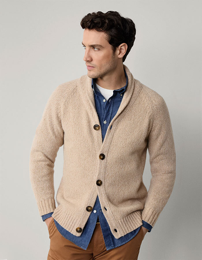 Wool-Cotton Blend Shawl Collar Cardigan