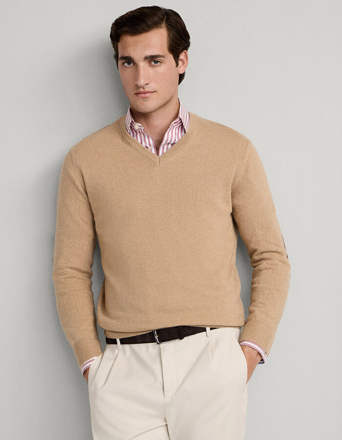 Merino Wool Blend V-Neck Jumper in Malt Beige