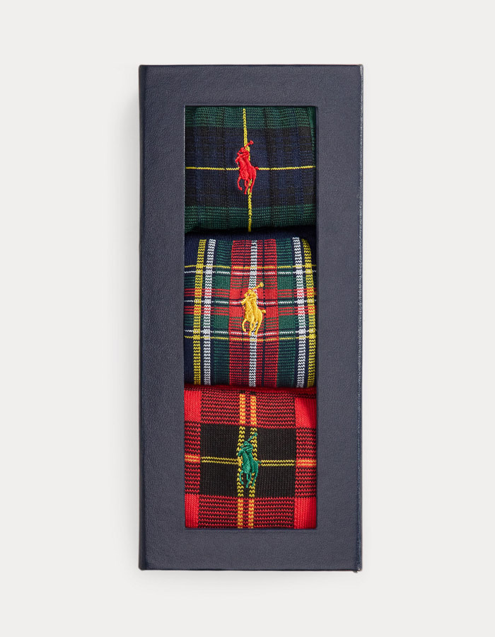 Plaid Trouser 3-Sock Gift Set in Wine/Green/Royal