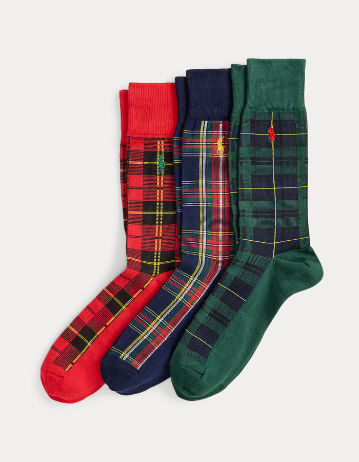 Plaid Trouser 3-Sock Gift Set in Wine/Green/Royal