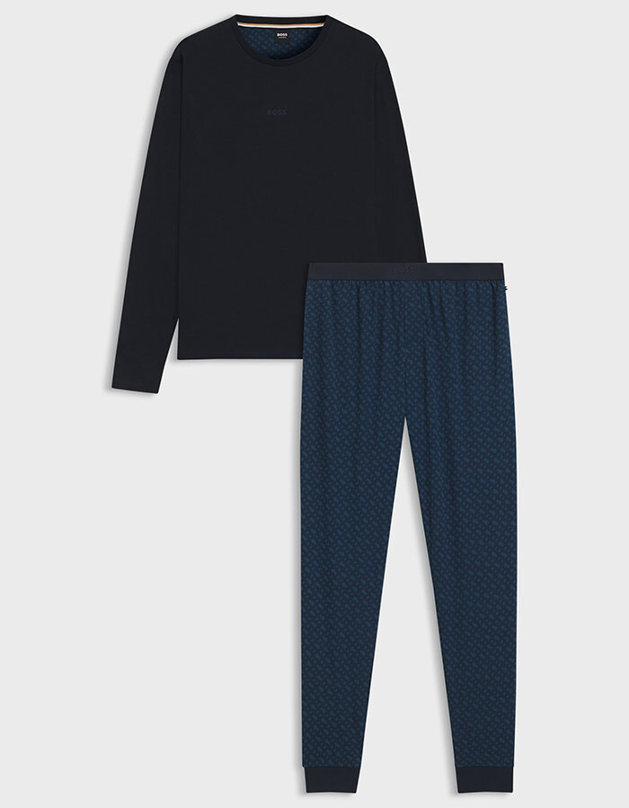 Regular Fit Pyjamaset in Katoen met Monogram en Logo