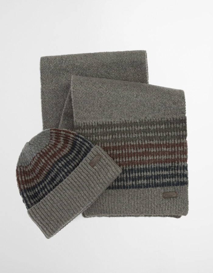 Gestreepte muts en sjaal set in grijs – Barbour Giftbox