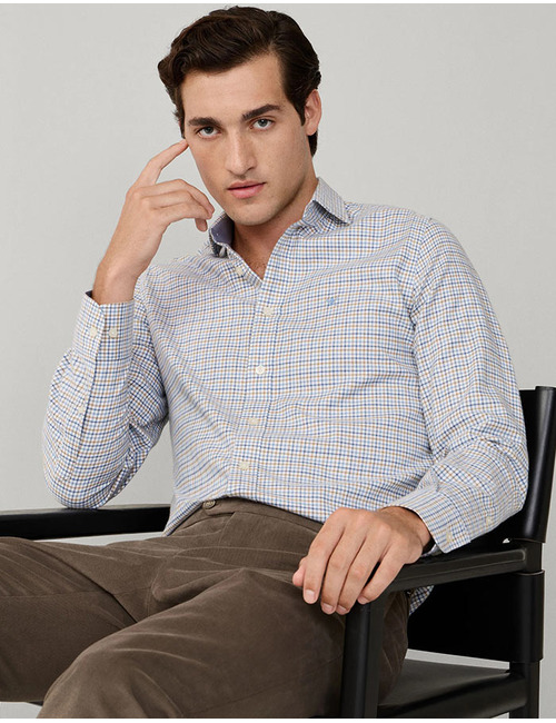 Tailored Fit Brushed Gingham Shirt in Steel Blue 
