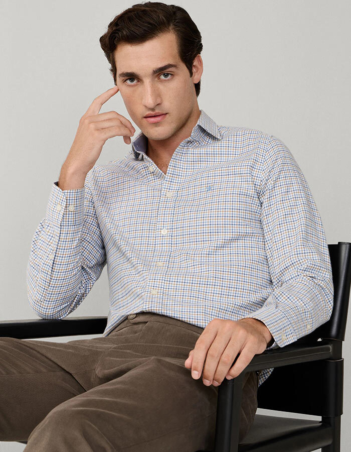 Tailored Fit Brushed Gingham Shirt in Steel Blue 