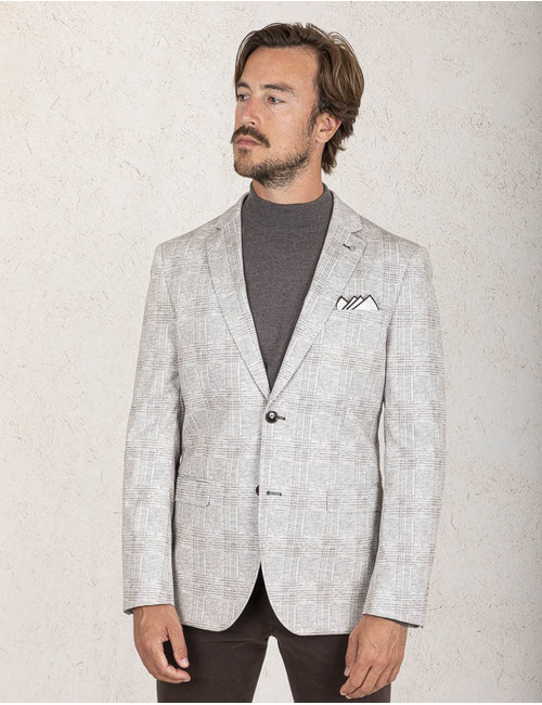 Modern Fit Jersey Stretch Blazer in Sand Ruitmotief