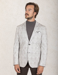 Modern Fit Jersey Stretch Blazer in Sand Ruitmotief