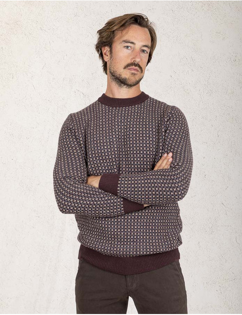 Ronde Hals Trui in Geweven Patroon – Bordeaux en Beige