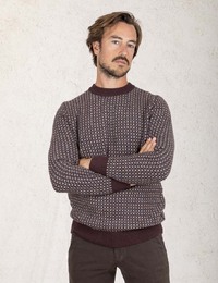 Ronde Hals Trui in Geweven Patroon – Bordeaux en Beige