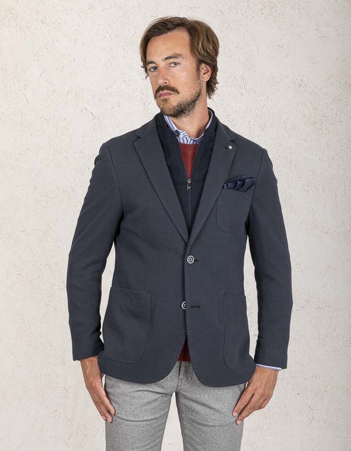 Modern Fit Blazer in Navy Jersey Stretch met Microstructuur
