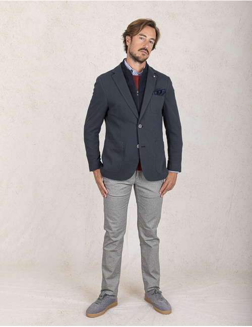 Modern Fit Blazer in Navy Jersey Stretch met Microstructuur