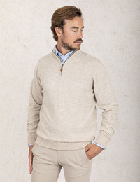 Beige Half-Zip Pull in Super Geelong Lambswool