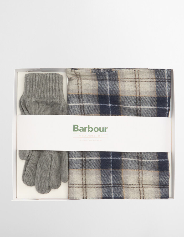 Barbour Giftset met Sjaal en Handschoenen in Grey Tartan