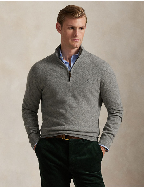 Regular Fit Wool Quarter-Zip Sweater in Fawn Grey Heather