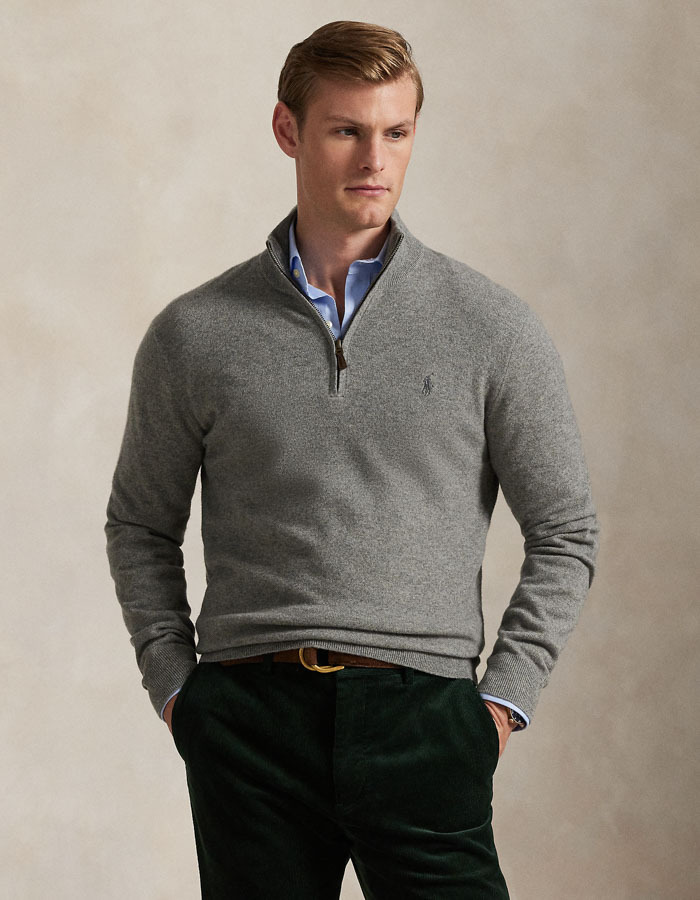 Regular Fit Wool Quarter-Zip Sweater in Fawn Grey Heather