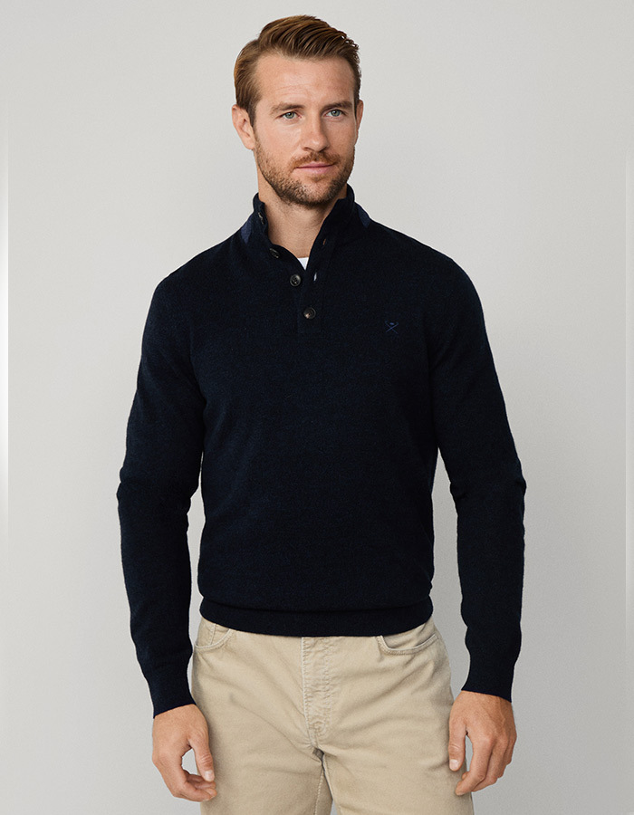 Regular Fit Wool Quarter Button Jumper met Herringbone Details 