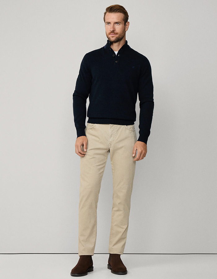 Regular Fit Wool Quarter Button Jumper met Herringbone Details 