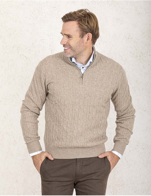 Regular Fit Lambswool Cable Quarter Zip Jumper in Malt Beige