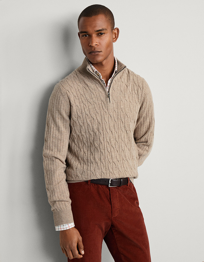 Regular Fit Lambswool Cable Quarter Zip Jumper in Malt Beige