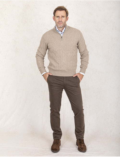 Regular Fit Lambswool Cable Quarter Zip Jumper in Malt Beige