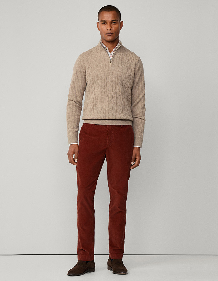Regular Fit Lambswool Cable Quarter Zip Jumper in Malt Beige