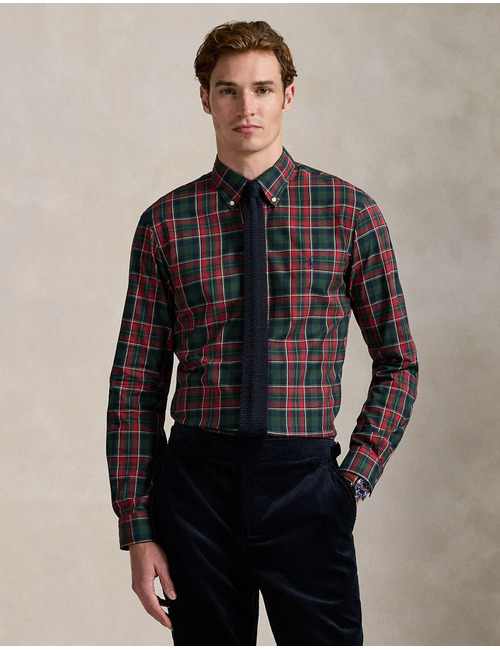 Custom Fit Plaid Twill Shirt in Forest Red Multi 