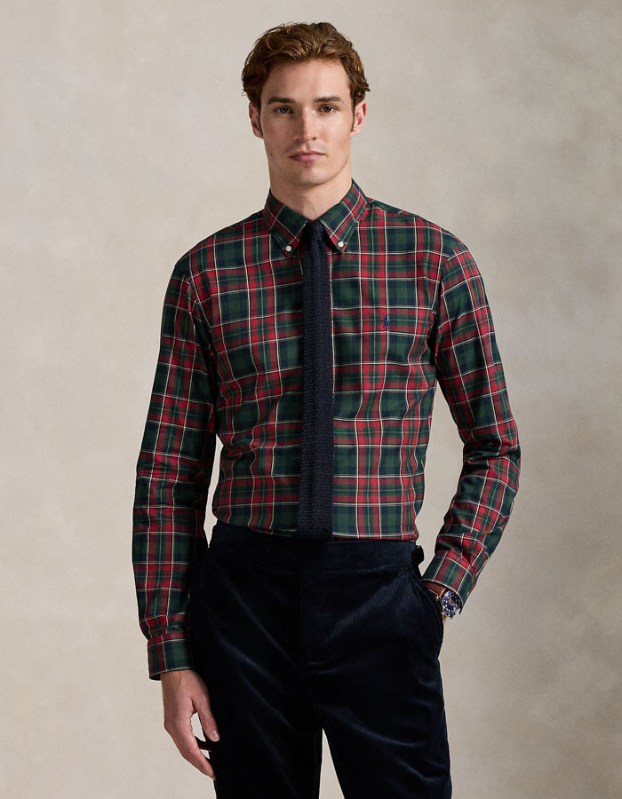 Custom Fit Plaid Twill Shirt in Forest Red Multi 