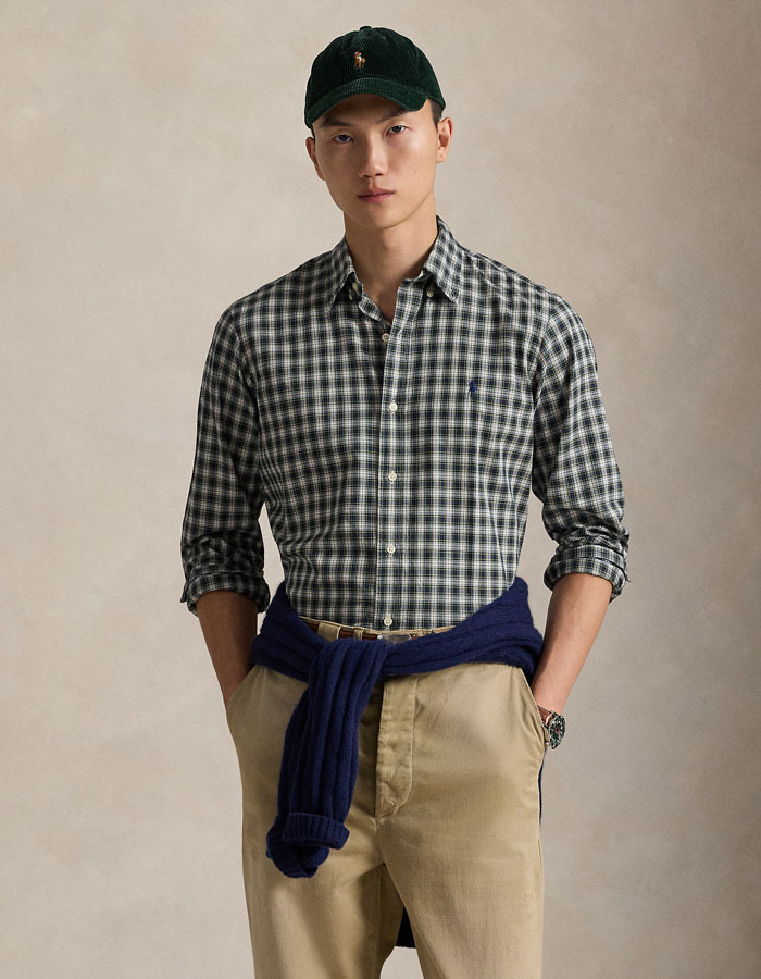 Custom Fit Plaid Twill Shirt in Blue Green Multi 