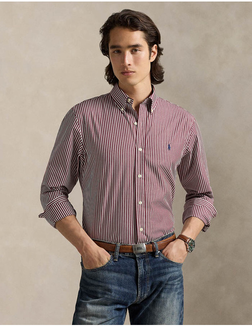 Custom Fit Striped Stretch Poplin Shirt in Classic Wine White 