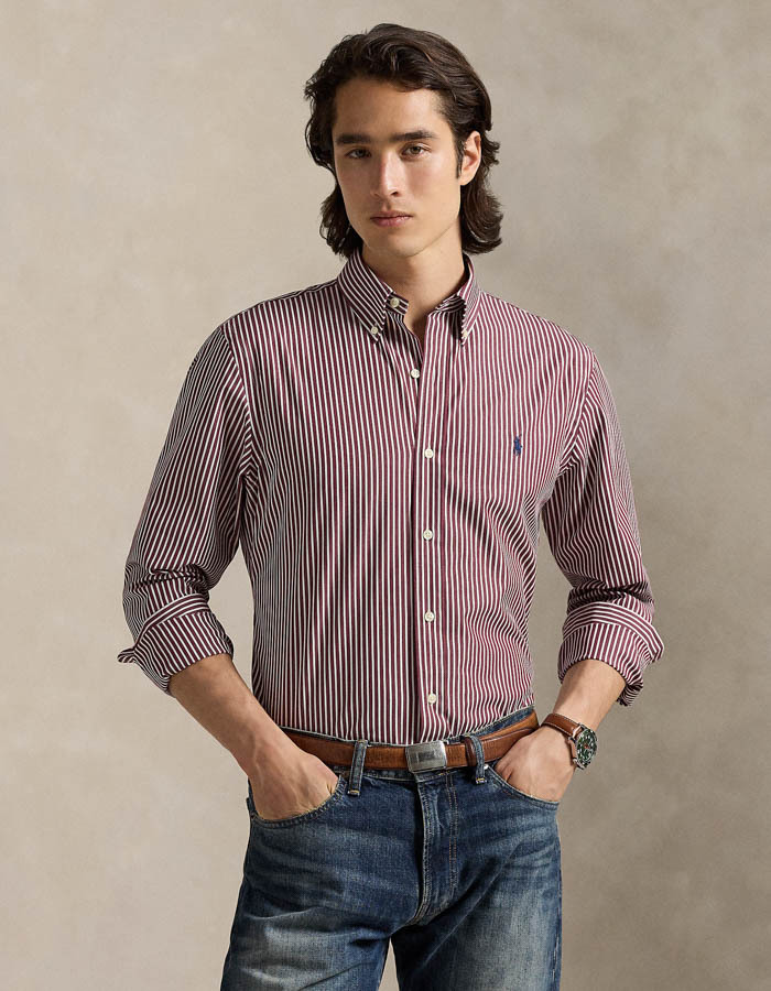 Custom Fit Striped Stretch Poplin Shirt in Classic Wine White 