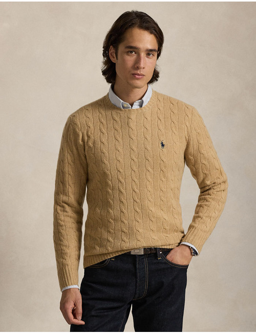Regular Fit Cable-Knit Sweater in Wol-Kasjmier – Camel Melange