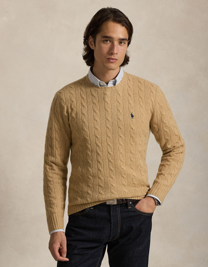 Regular Fit Cable-Knit Sweater in Wol-Kasjmier – Camel Melange