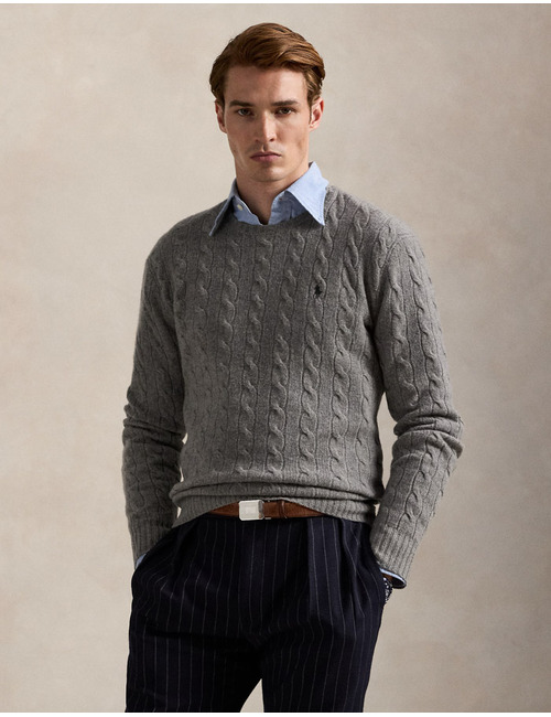 Regular Fit Cable-Knit Sweater in Wol-Kasjmier – Fawn Grey Heather