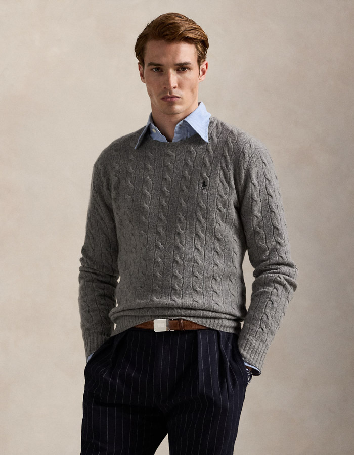 Regular Fit Cable-Knit Sweater in Wol-Kasjmier – Fawn Grey Heather