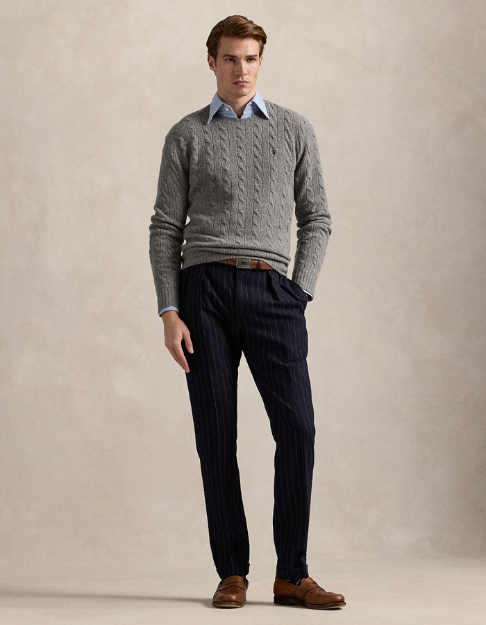 Regular Fit Cable-Knit Sweater in Wol-Kasjmier – Fawn Grey Heather