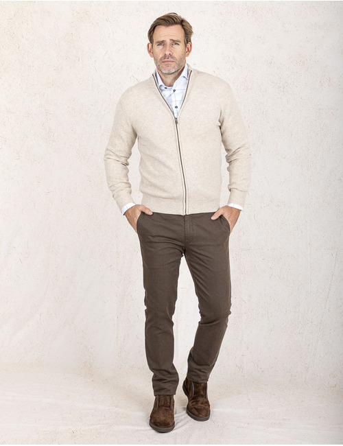 Regular Fit Wollen Full Zip Pull met Suède Elleboogstukken in Antique Beige