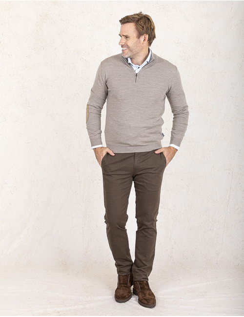 Regular Fit Pull met Korte Rits in Taupe 