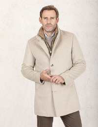 Slim Fit Wollen Mantel in Lichtbeige met Uitneembare Blende