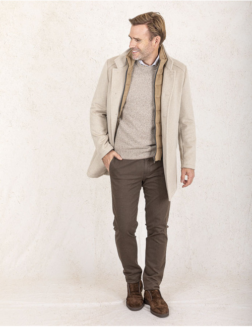 Slim Fit Wollen Mantel in Lichtbeige met Uitneembare Blende