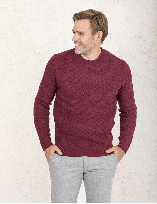 Regular Fit Wollen Cable Knit Crewneck Pull in Bordeaux 