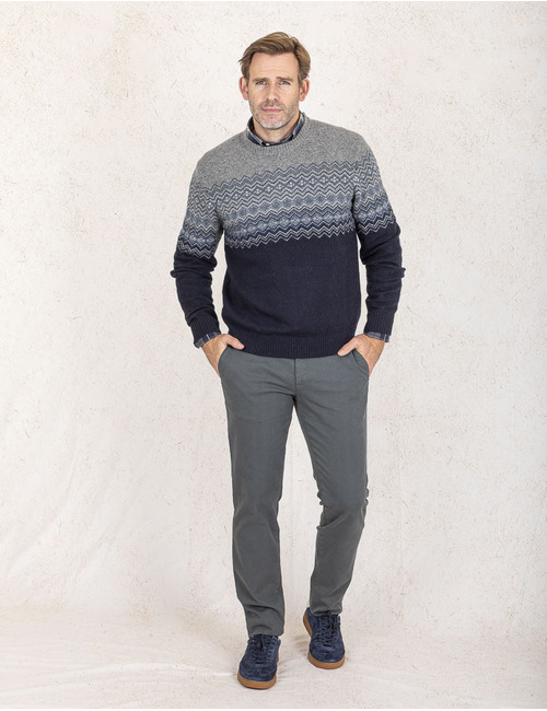 Regular Fit Trui met Fair Isle Motief in Navy en Grijs
