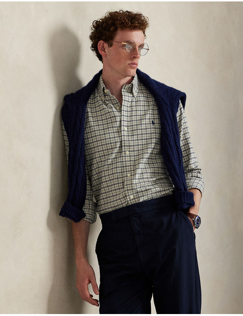  Custom Fit Plaid Performance Twill Shirt in White Grey Heather Multi 