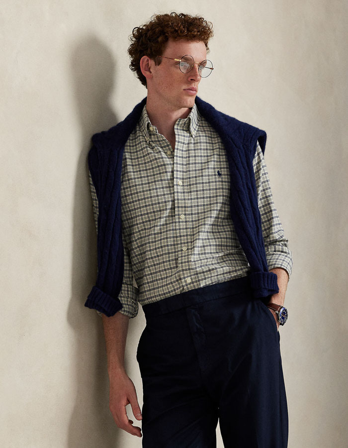  Custom Fit Plaid Performance Twill Shirt in White Grey Heather Multi 