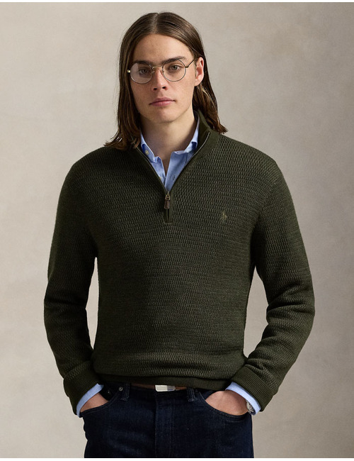 Regular Fit Washable Wool Quarter-Zip Sweater in Olive Combo 