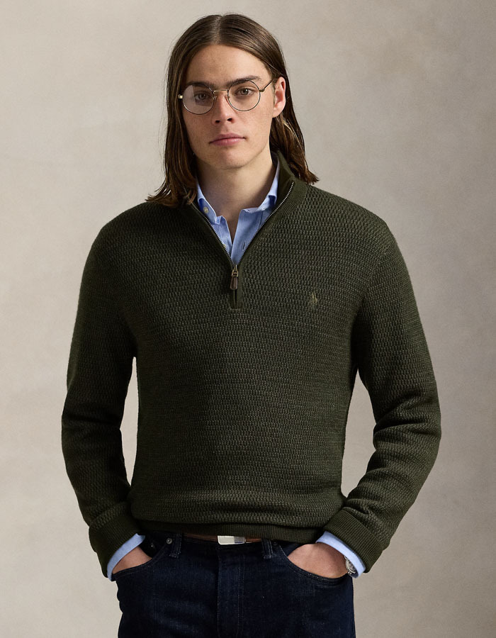 Regular Fit Washable Wool Quarter-Zip Sweater in Olive Combo 