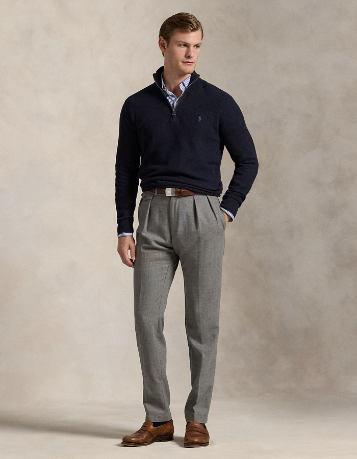 Regular Fit Mesh-Knit Cotton Quarter-Zip Sweater in Navy Heather