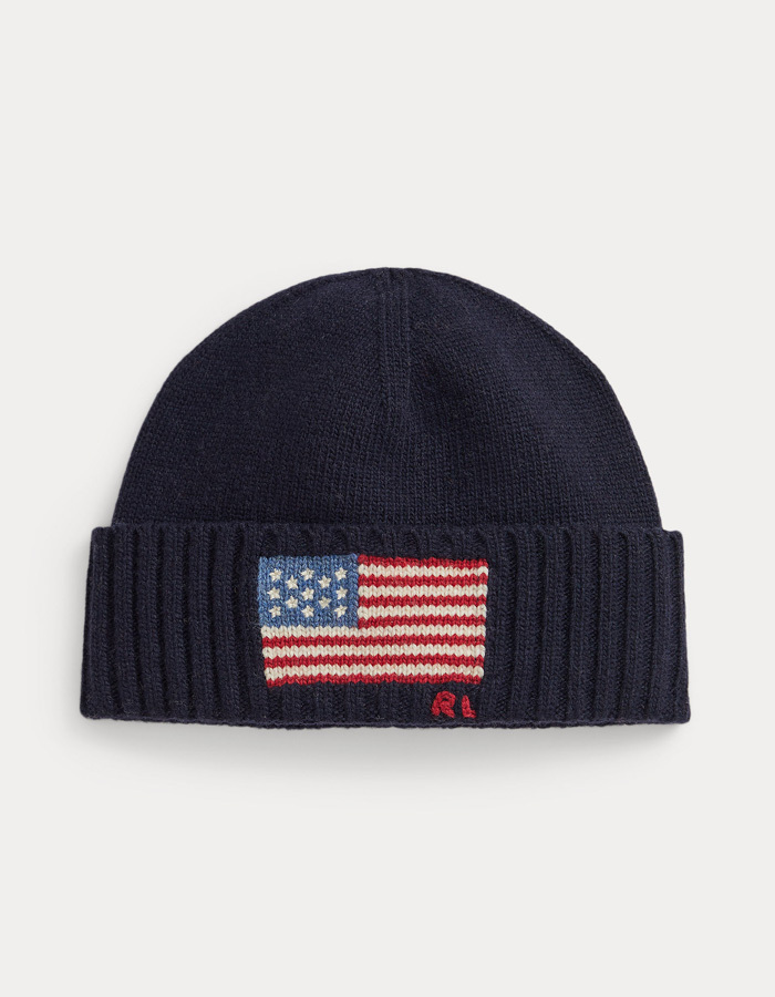 Flag-Intarsia Wool-Blend Beanie in Collection Navy
