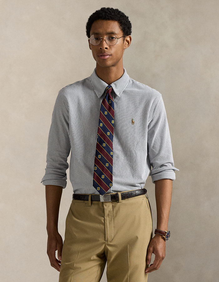 Striped Knit Oxford Shirt in Newport Navy/White
