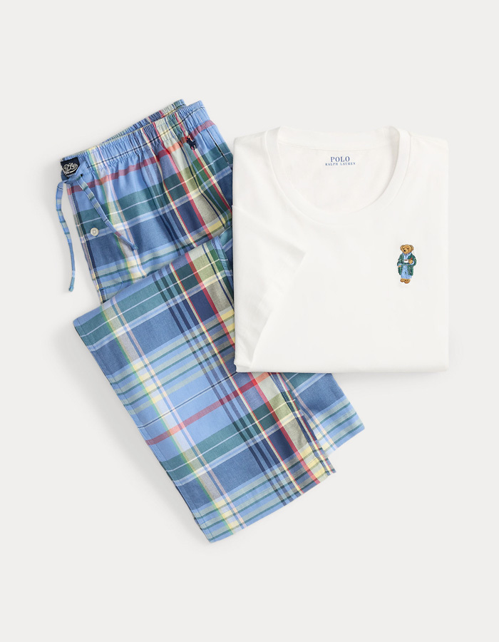 Polo Bear & Plaid Cotton Sleep Set – White/Blue Plaid 